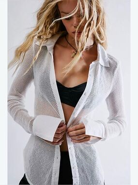 Free People Ivory Open-Knit Button Down Shirt